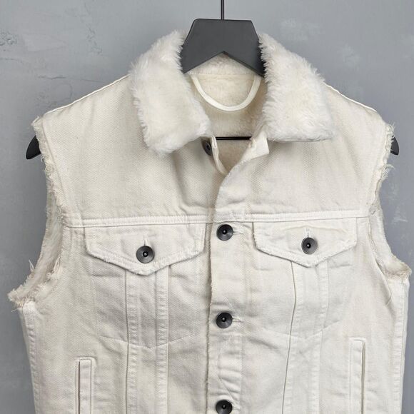 Helmut Lang Trucker Denim Vest in Ivory w/ Faux Fur Lining Women's Medium - Picture 2 of 6